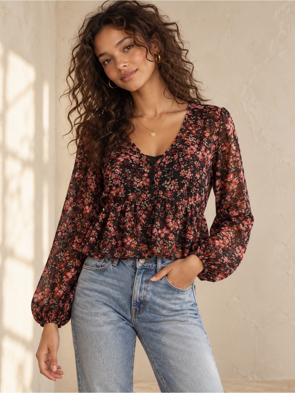 Stradivarius NWT Sheer Moody Floral Peplum Blouse Small Boho Romantic